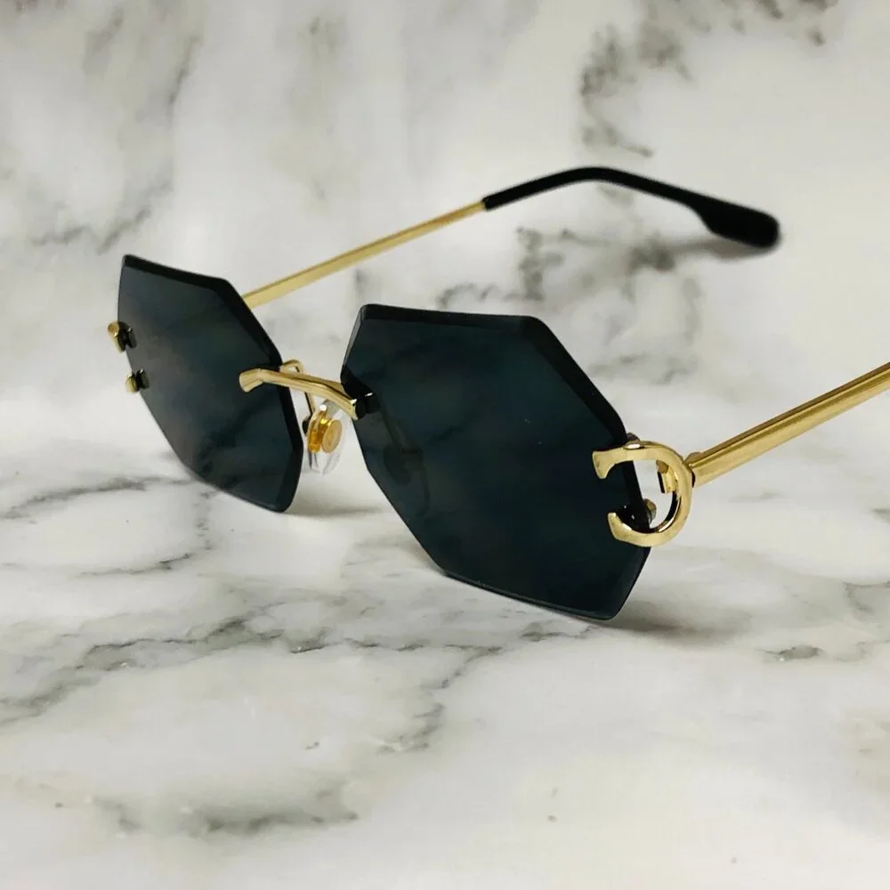 Men Sunglasses Dark Black Lens Rimless Fashion Retro‎ Shades Gold Metal Lentes